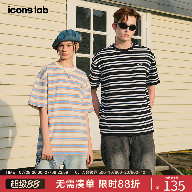 ics丨iconslab撞色复古运动条纹刺绣短袖T恤休闲百搭男女上衣夏季