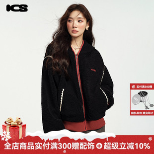 ics 秋冬包边绣花外套 iconslab红色贝壳羊羔毛夹克2024年新款