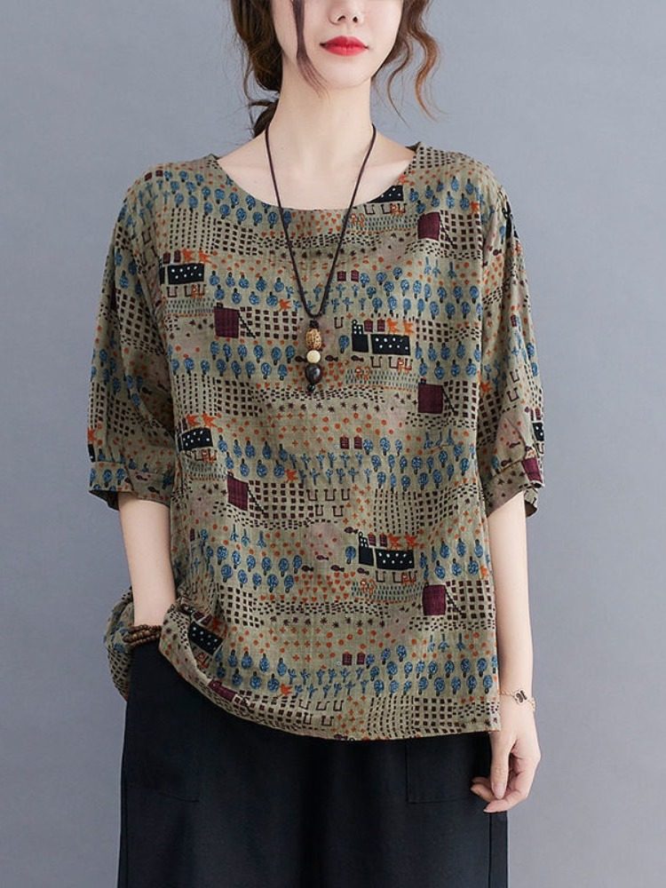 2024 SUMMER NEW LOOSE PLUS SIZE CARTOON PRINT AGE-REDUCING SLIM COTTON LINEN SHIRT WOMENS VERSATILE STAND-UP COLLAR TOP