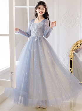 晚礼服女高级感宴会气质主持人轻奢小众高端钢琴演出裙浅蓝色长袖