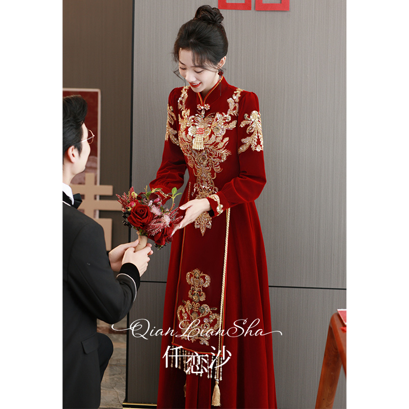 敬酒服新娘新款冬季高级感红色中式订婚旗袍裙冬天结婚出阁宴礼服