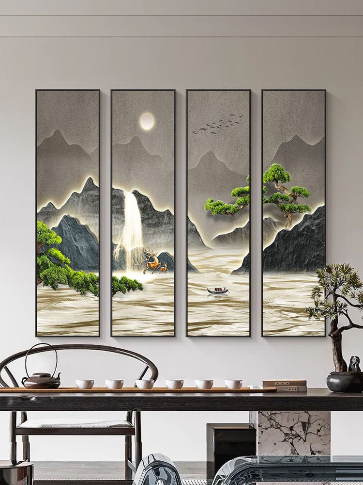 新中式山水画四条屏客厅挂画背后有靠山图四联画沙发背景墙中堂画