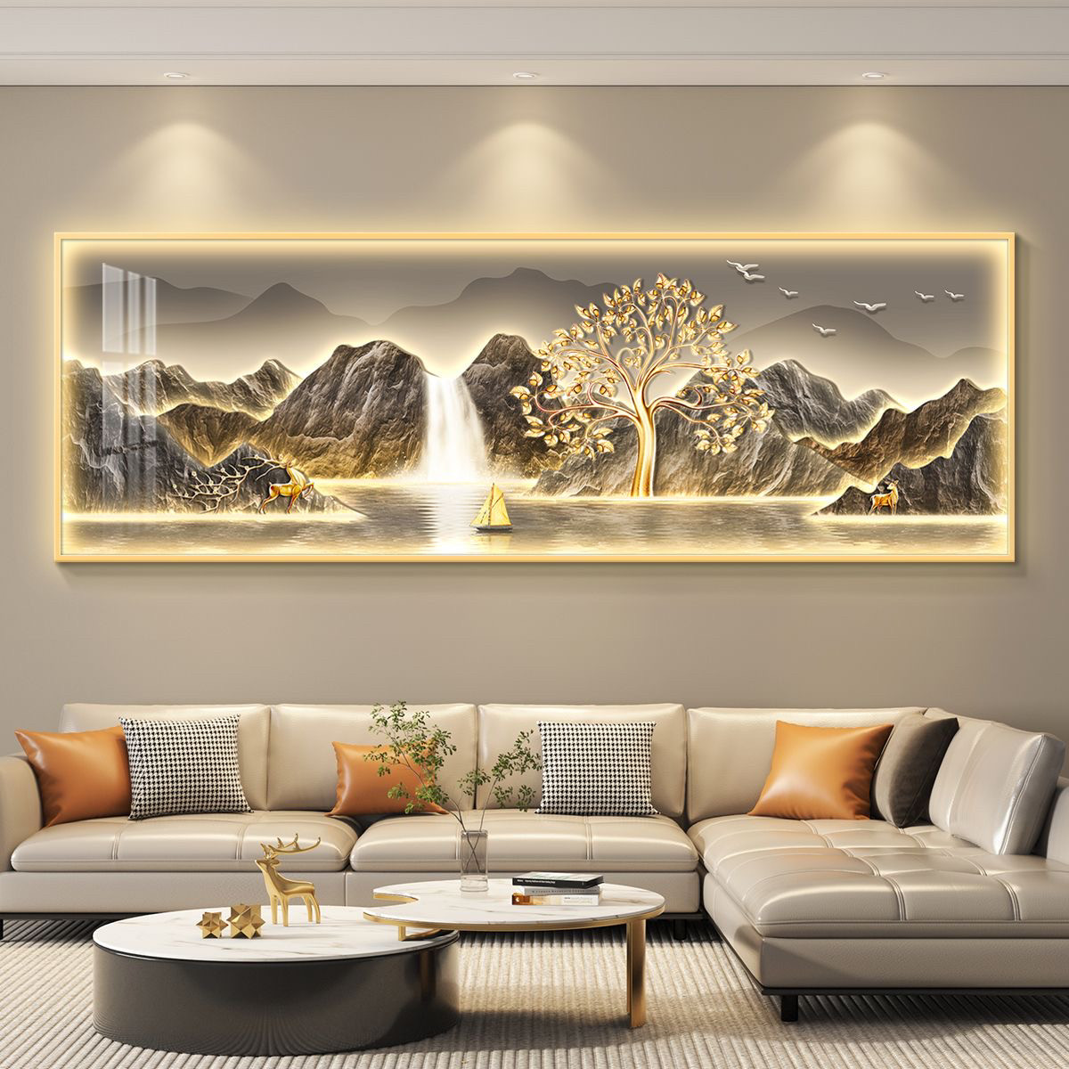 发财树挂画装饰画发光带led灯黄金树客厅沙发背景墙背后有靠金山