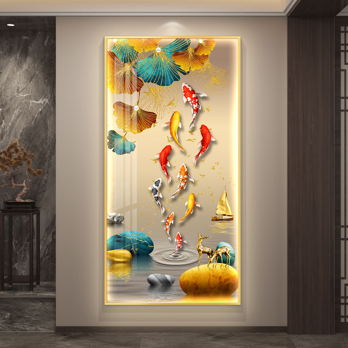 玄关九鱼图挂画装饰发光带led灯竖版入户正对门走廊过道轻奢壁画
