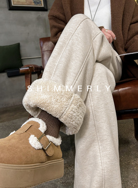 【寒冬Bi备】棉裤女外穿加绒毛呢阔腿裤冬季羊羔绒加厚白色裤子冬