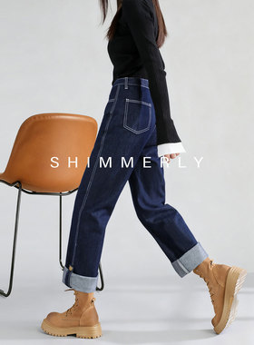 卷边直筒牛仔裤女冬加厚加绒深蓝色高腰阔腿裤2025新款窄版烟管裤