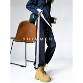 垂感条纹休闲裤 女加长宽松阔腿卫裤 街拍神裤 藏青色高腰运动裤