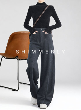 【视觉暖护】深灰色毛呢阔腿裤女冬季高个子加长版羊毛加厚休闲裤