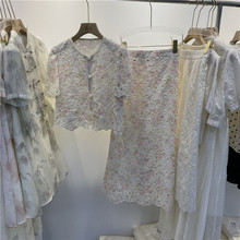 欧货蕾丝小香风短袖套装裙女夏季款2024粉色镂空上衣半身裙两件套