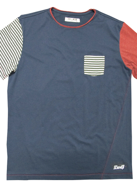 Schemer谋士男装短袖圆领拼布新款修身蓝色打底衫T恤上衣