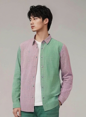 Schemer谋士长袖衬衫男士拼布立领修身商务正装衬衣上衣