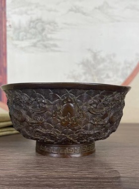 农村收来双龙戏珠碗旧货合金铜大清乾隆年古董老货铜器铜印章摆件