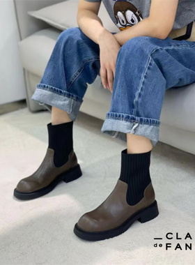CLAIR de FANCY轻奢时尚方头平跟袜筒烟筒靴骑士靴新女靴1358937