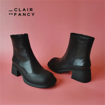 CLAIR de FANCY轻奢时尚方头厚底粗防滑百搭女短靴马丁靴1550237