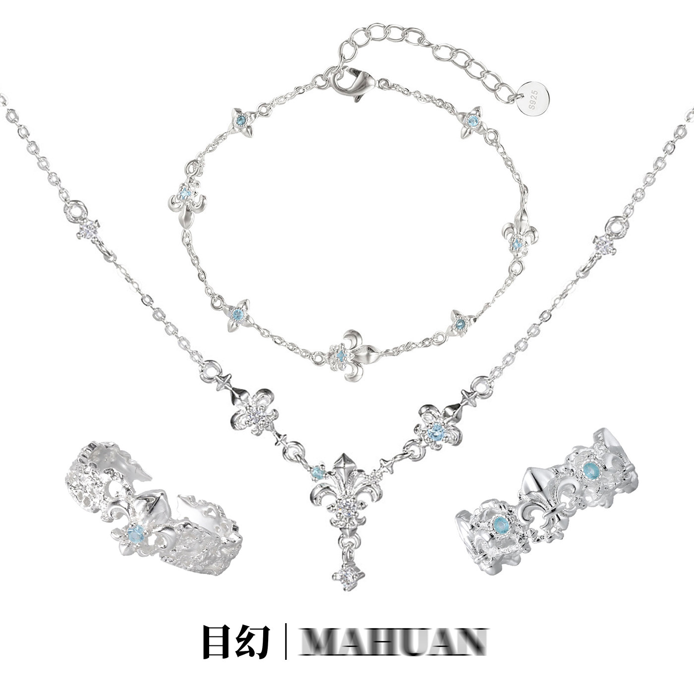 MUHUANS925镶钻鸢尾花戒指手链