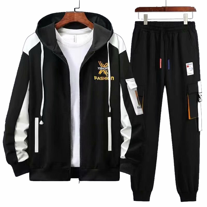 春秋季时尚运动休闲套装连帽运动衫开衫拉炼夹克外套工装长裤男生