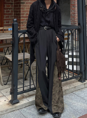 以休眠 复古小众山本耀司风侧面褶皱拼接设计阔腿裤拖地堆叠西裤