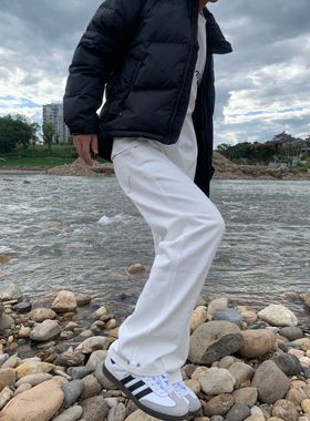 07QWER 四季通勤白色简约男春秋牛仔裤韩版情侣直筒休闲阔腿裤