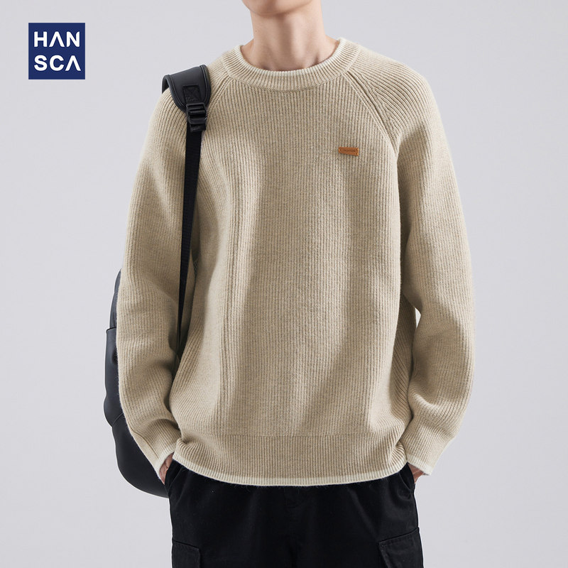 hansca假两件毛衣男2025秋冬圆领宽松休闲内搭慵懒风插肩袖针织衫
