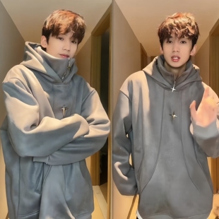 秋冬新款男士重磅潮牌金属设计连帽卫衣时尚外穿街头双层高领外套