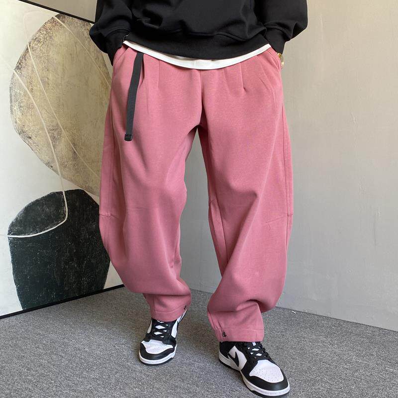 春秋季痞帅高端粉色针织卫裤男直筒宽松抽绳百搭运动阔腿弯刀裤子