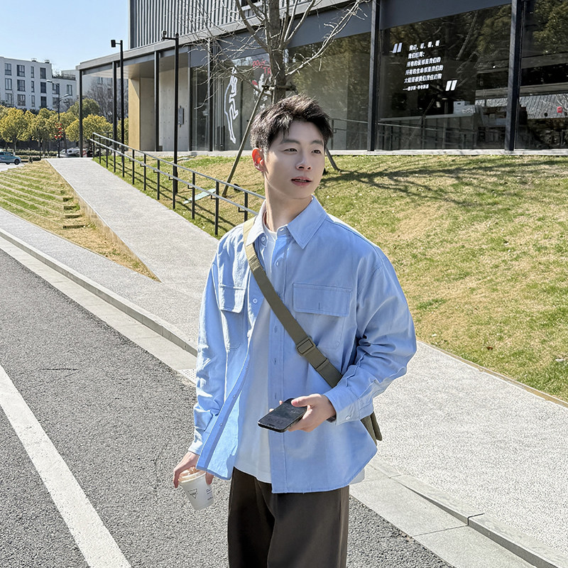 蓝色基础衬衫长袖春秋季宽松百搭休闲衬衣上衣外套2026新款简约男