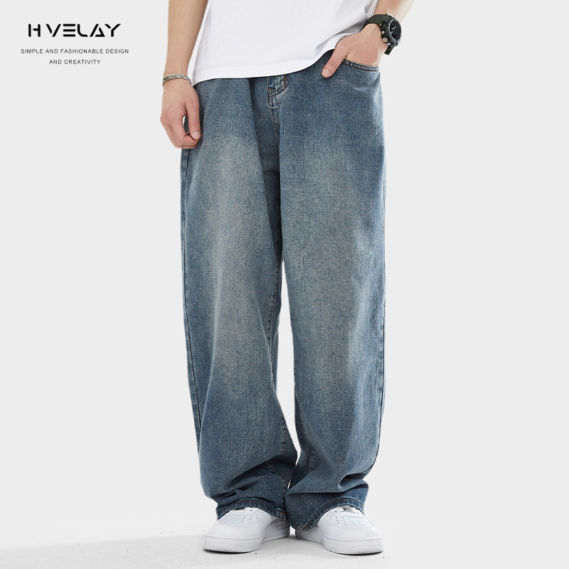 hvelay美式潮牌牛仔裤男宽松坠感时尚复古日系简约休闲九分裤长裤