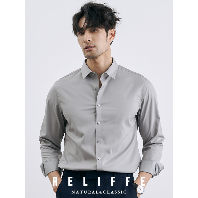 韩版商务通勤免烫正装职业灰色西装衬衫男士休闲抗皱长袖白色衬衣