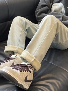 冬季加绒加厚保暖宽松直筒修身牛仔裤男生休闲高端潮流美式松紧腰