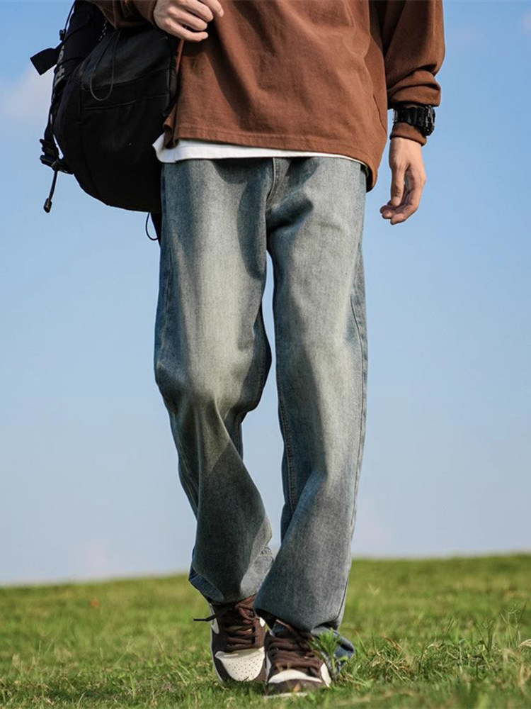 美式牛仔裤男款秋冬复古蓝vibe百搭阔腿裤子直筒休闲潮牌高街长裤