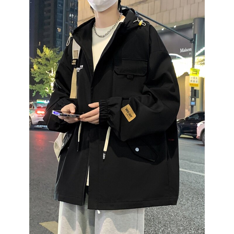 工装加绒加厚外套男春秋季青少年宽松大码夹克初中高中学生冲锋衣