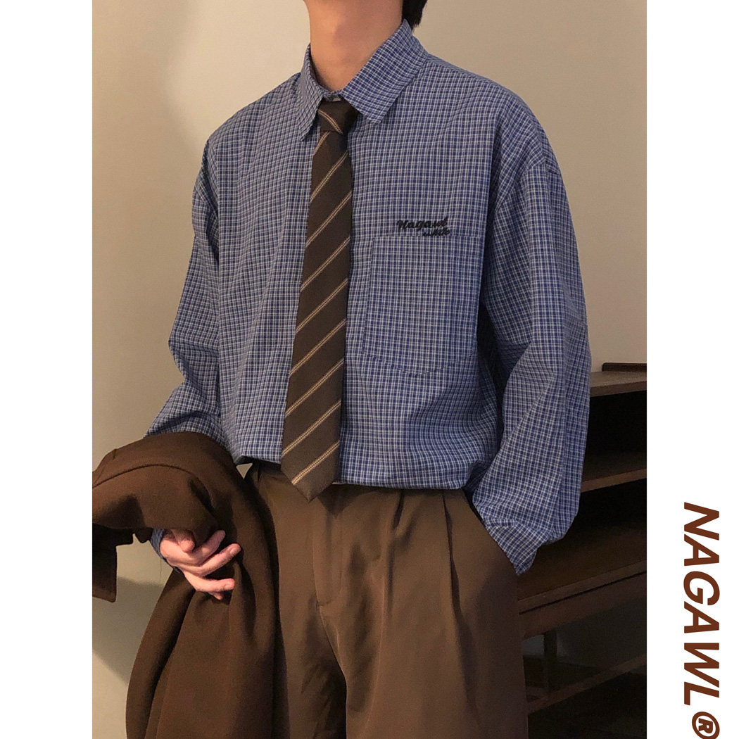 NAGAWL2026秋美式覆古宽松学院风百搭纯色高级感长袖衬衫上衣男潮