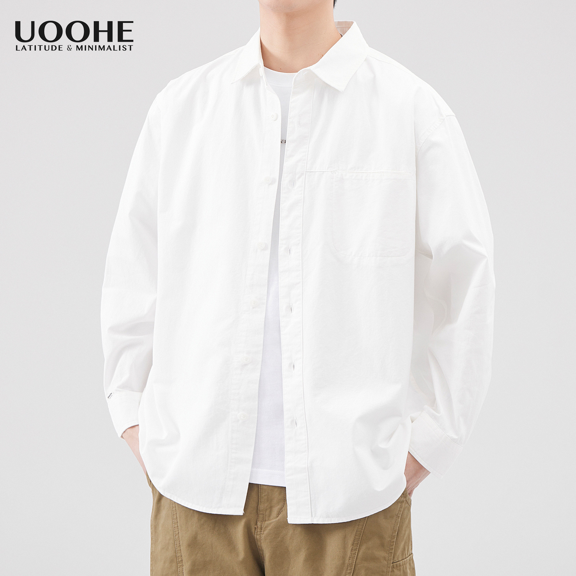 UOOHE白色长袖衬衫男士春