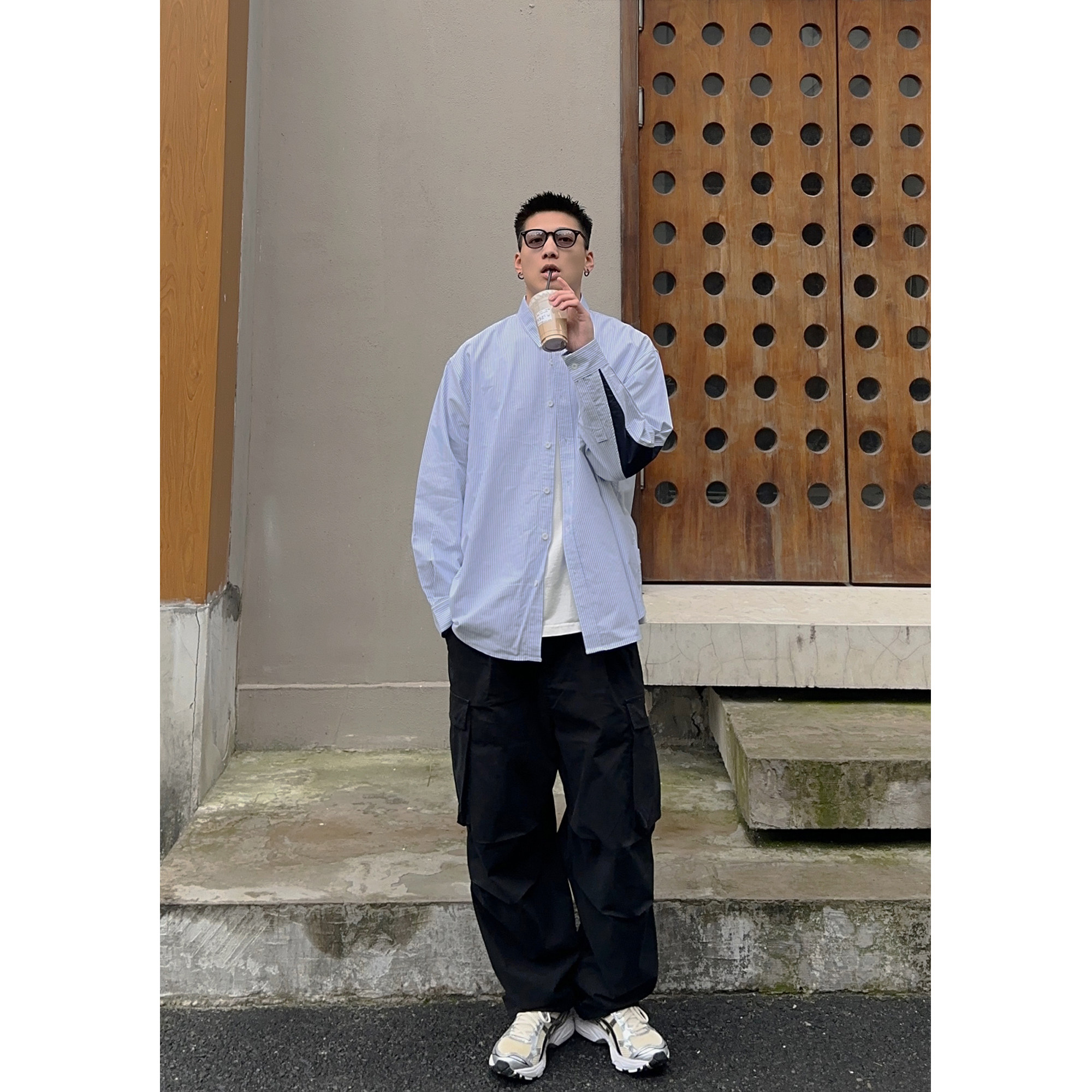 Batterup春秋外套日系宽松条纹拼接水滴袖纯棉休闲长袖衬衫男潮牌