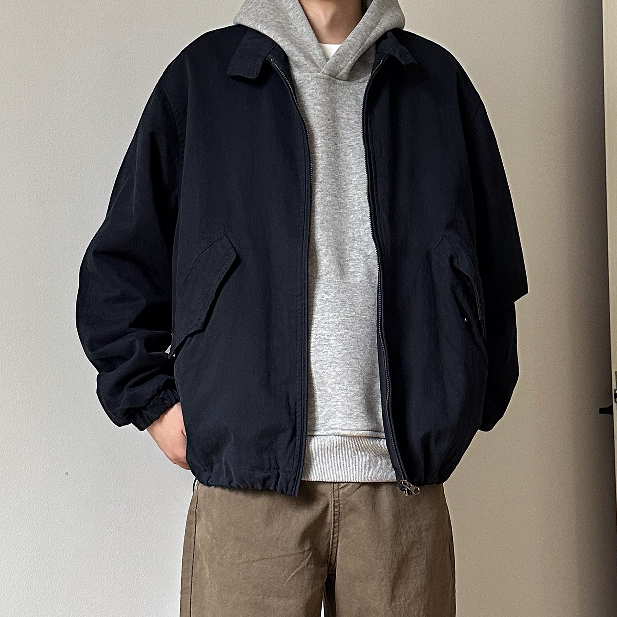 局外青年藏青工装哈灵顿