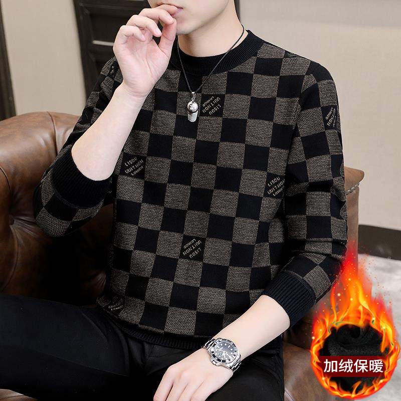加绒加厚男士圆领卫衣2025秋冬季休闲格子长袖t恤保暖打底衫上衣