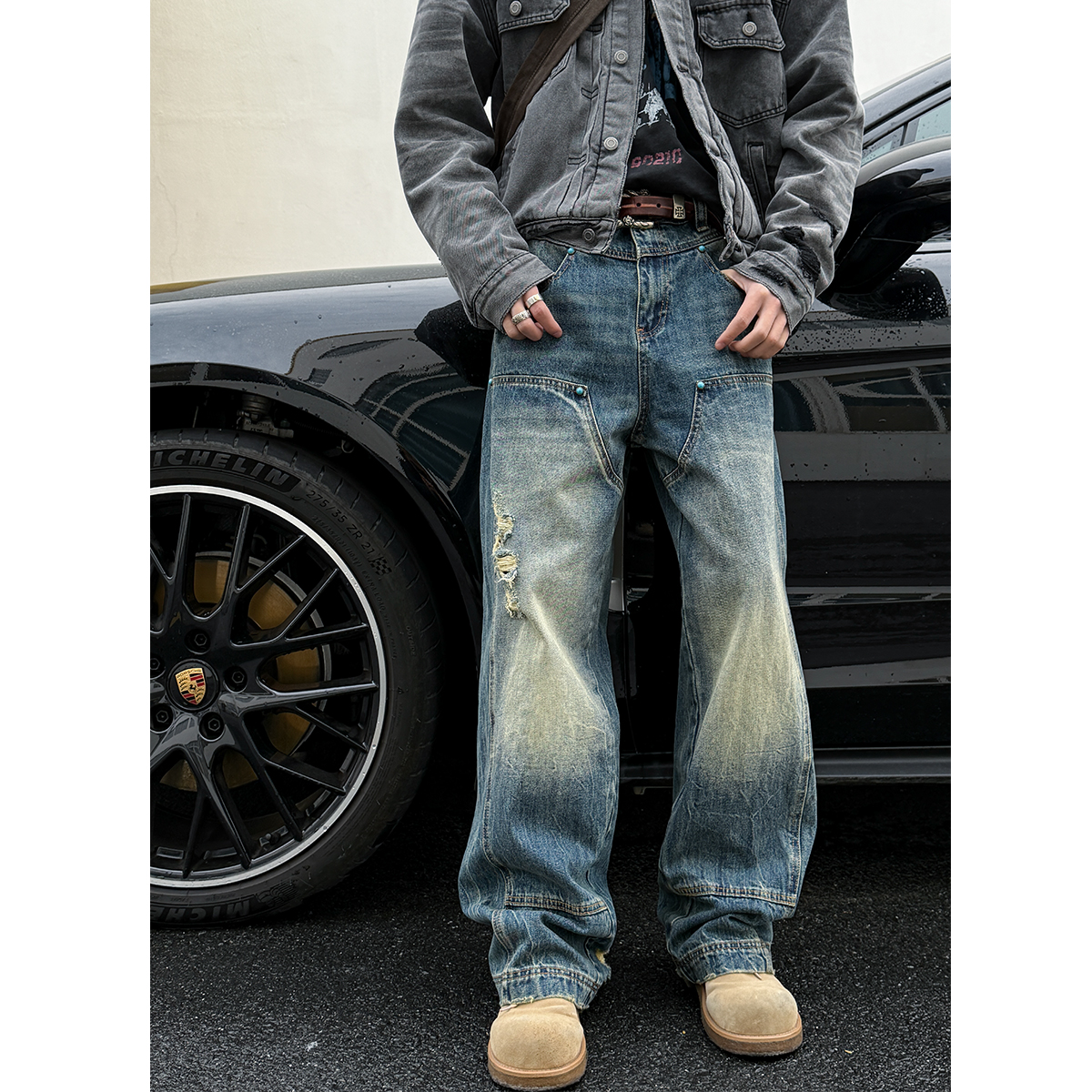 巴黎绿松系列复古水洗蓝立体裁剪直筒宽松休闲工装伐木牛仔裤潮牌