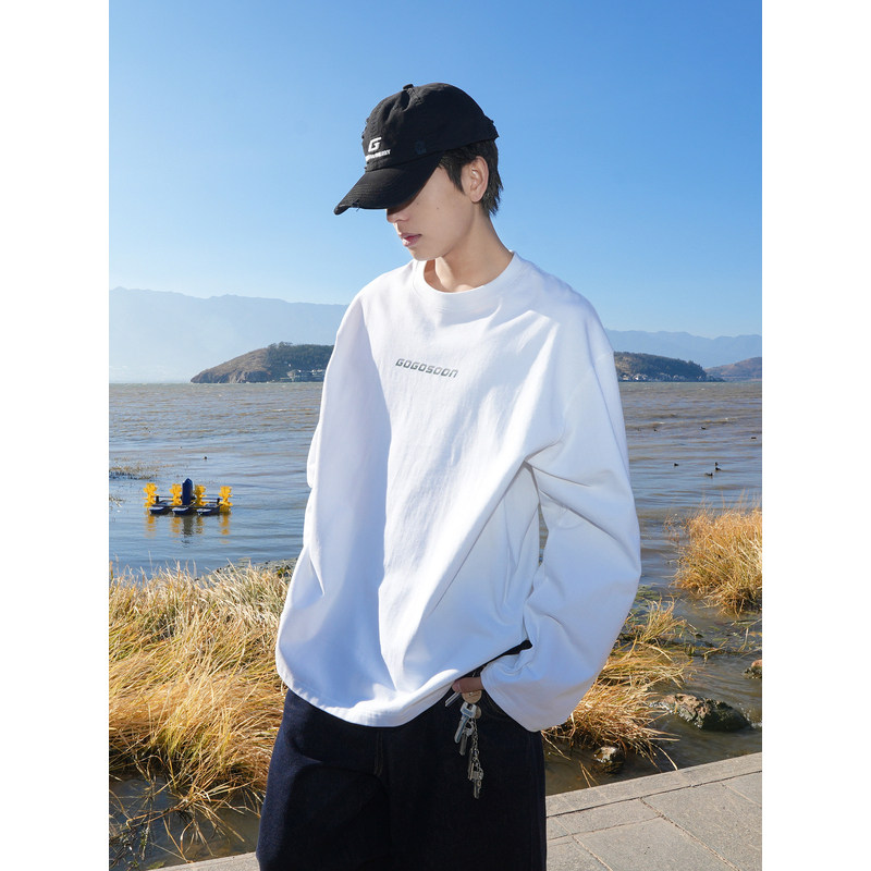 GOGOSOON男生纯棉白色长袖t恤300g初春秋新款青少年宽松上衣服装