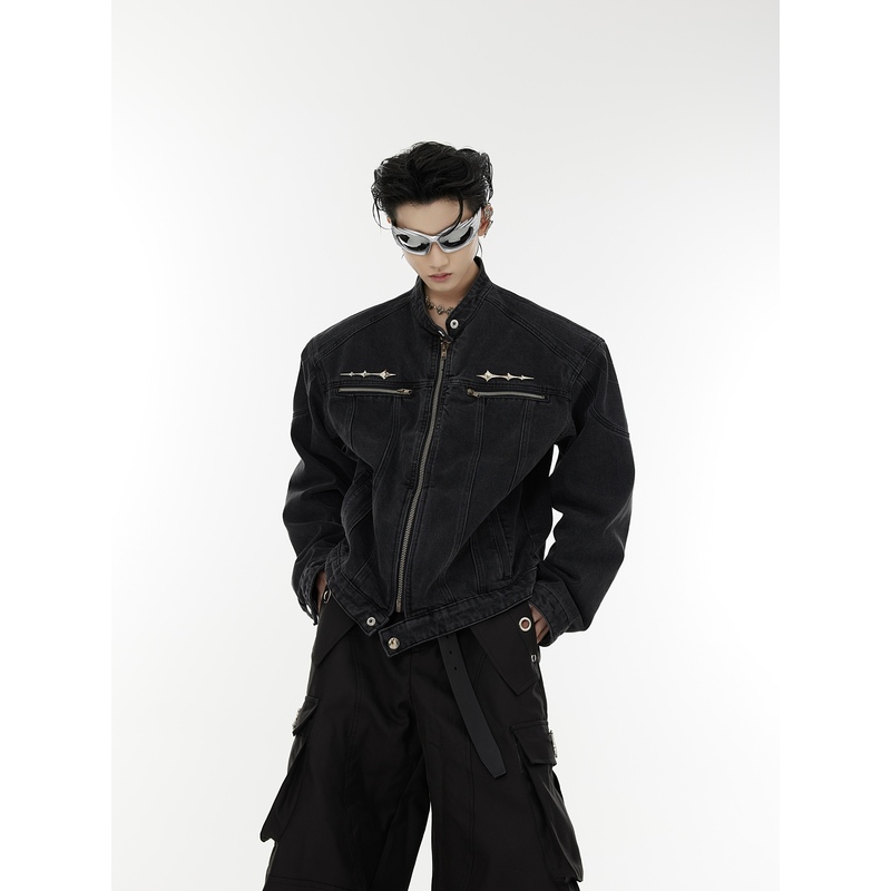 CulturE24s早春复古做旧水洗垫肩短款牛仔外套金属设计无领夹克男