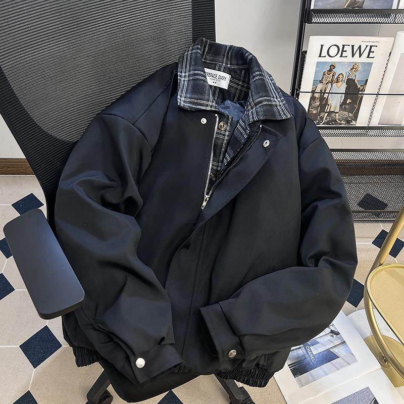 复古格纹拼接假两件棉服外套男女春秋冬季加厚保暖棒球服夹克翻领