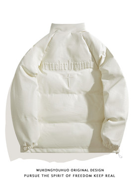 悟空有货美式白色PU皮棉衣男2025冬季立领面包服潮牌加厚棉服外套