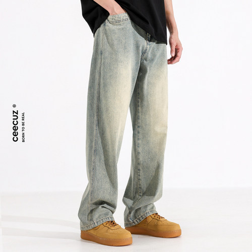 Ceecuz美式cleanfit黄泥染直筒牛仔裤男款春秋做旧水洗休闲长裤子