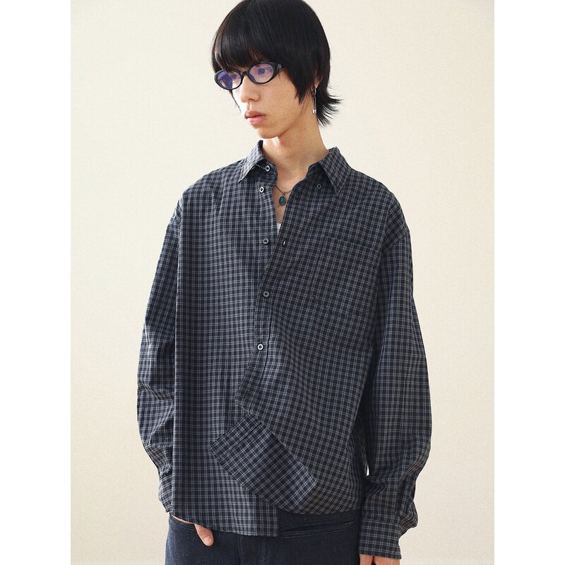 mcmxciii 吂司其 基础墨蓝格纹宽松格子长袖衬衫