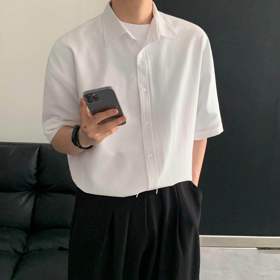 MRCYC英伦痞雅风短袖衬衫男夏季宽松商务休闲衬衫韩系潮流翻领T恤