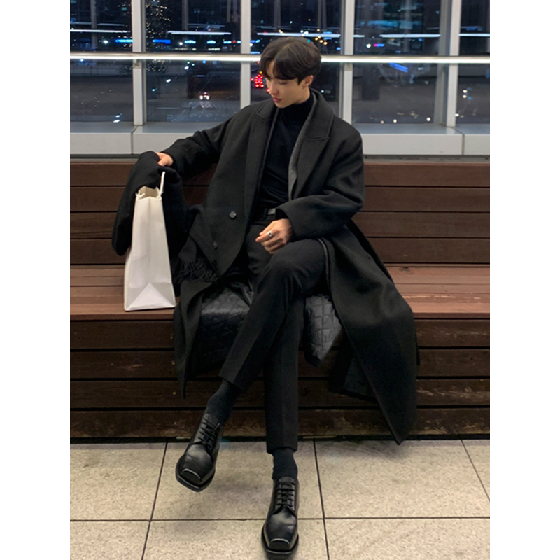 男士冬季韩式高端过膝风衣宽松覆古加厚羊毛外套新潮