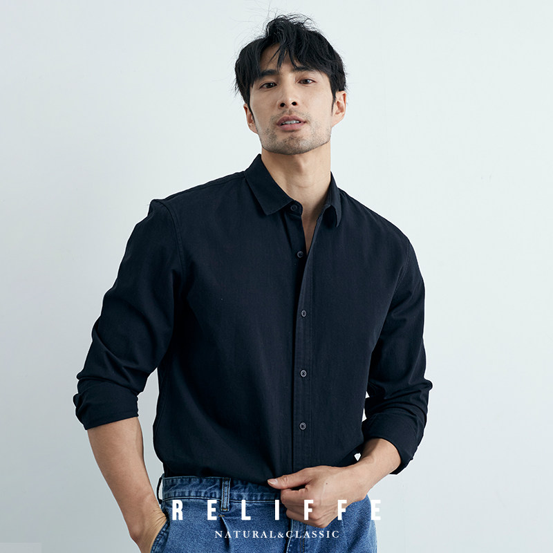 春秋高级感轻熟小众纯棉黑色衬衫休闲商务修身白衬衣男士长袖上衣