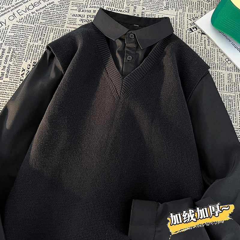 假两件毛衣男秋冬季加绒加厚拼接撞色衬衫领设计感内搭针织打底衫