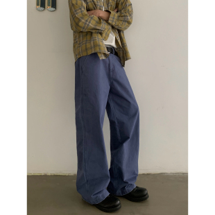INKNOTS美式复古Vintage优雅蓝法工裤重水洗做旧直筒宽松工装裤男