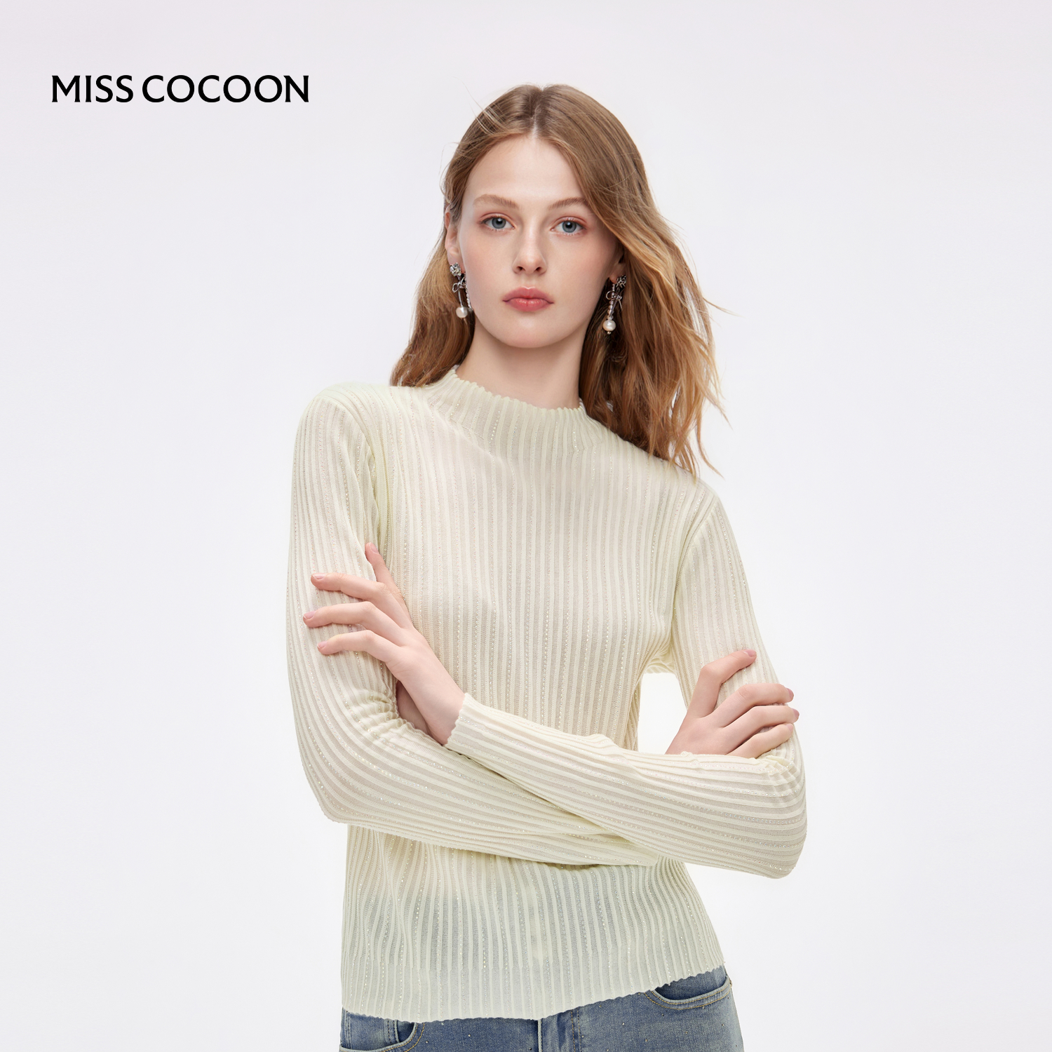 MISSCOCOON细闪烫钻羊毛针织衫半高领修身打底衫白色粉色25秋新款