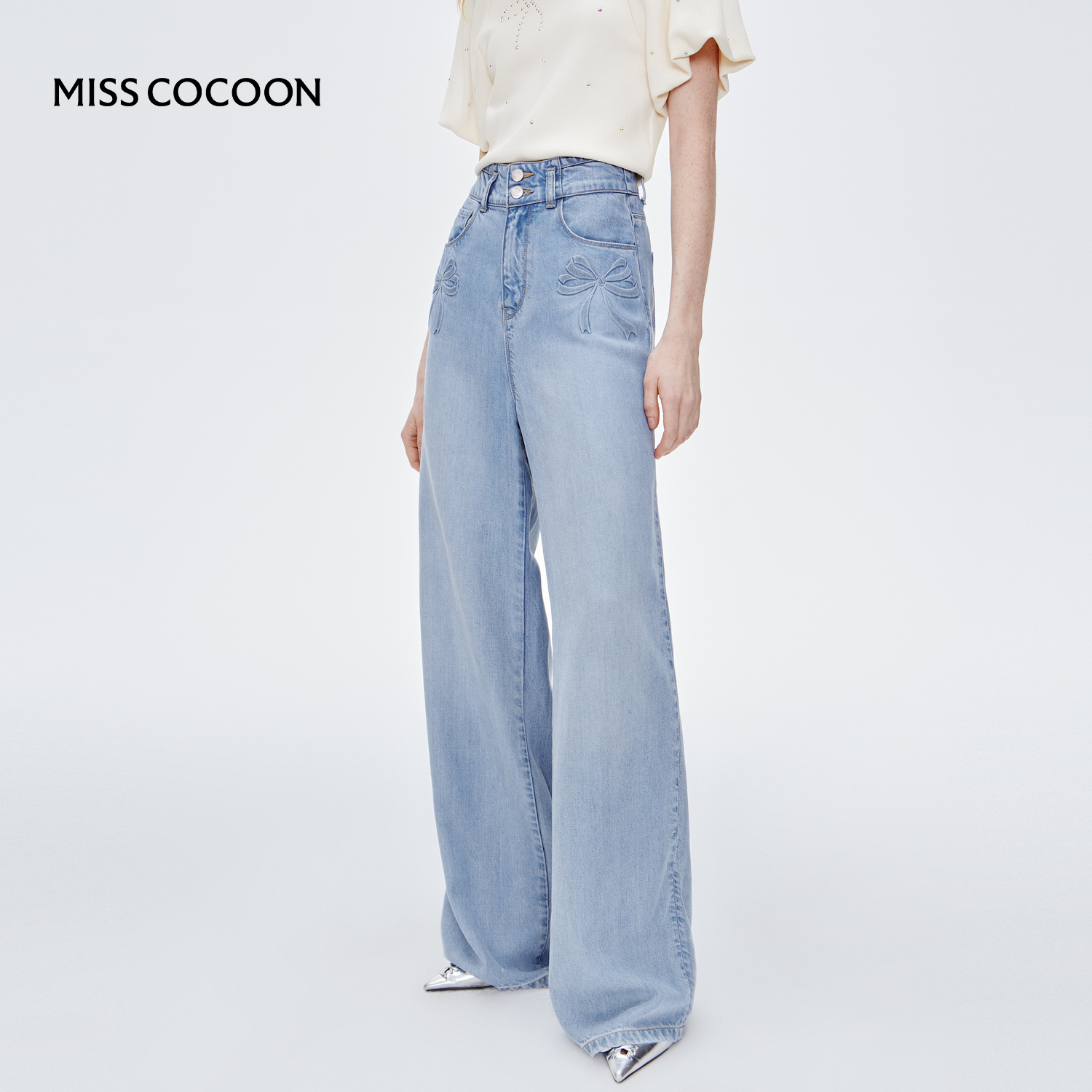 MISSCOCOON莱赛尔蝴蝶结压花牛仔裤垂感直筒阔腿裤25夏新款